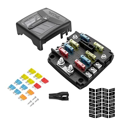 Recoil AF6 Fuse Box 6-Way ATC/ATO Fuse Block,Bolt Terminals, 12pcs Fuses, Screws - Image 1 of 4