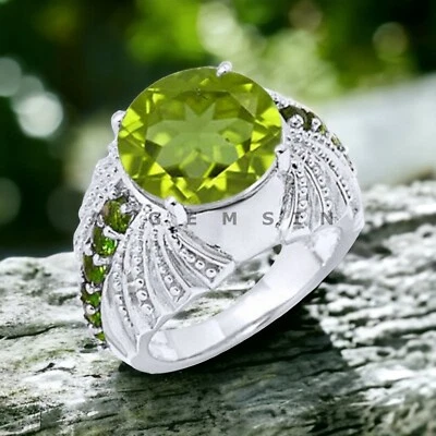 Piedras preciosas de peridoto con anillo de novio de plata de ley 925 para hombre #AL959 Foto 1 de 4