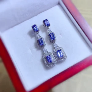 Emerald Cut Purple Tanzanite Drop Dangle Earrings, VVS Grade Tanzanite Earrings - Picture 1 of 7