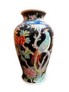 VTG JAPANESE BLACK POTTERY VASE 10" FLOWERS BIRDS HAND PAINTED MARKED c1930 v/g - Picture 1 of 5