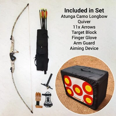 56.5”/42lb Atunga Longbow + Arrows + Quiver + Target Block + Sight + Safety Gear - image 1 of 4
