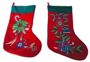 Vintage Christmas Stockings Poinsettia Ornaments Embroidered Green Red Set of 2 - Picture 1 of 6
