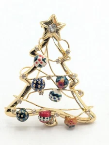 Vintage Christmas Tree Brooch Rhinestone Hand Painted Ornaments Gold Tone - Picture 1 of 11