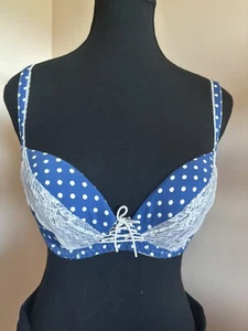 Antinea size 32 D Blue polka dot padded plunge bra ivory lace Made In France - Picture 1 of 14