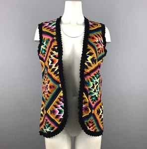 VTG Mode O'Day Navajo Aztec Ethnic Print Knit Vest M Crochet Trim Open - Picture 1 of 6