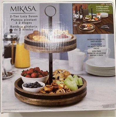 Mikasa, 2-Tier Lazy Susan w Burnished Iron Band Accent + Mango Wood - Image 1 of 4