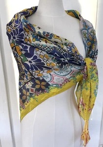 Johnny Was Seide mehrfarbig Blumendruck großer Schal mit Quasten 42" Quadrat - Bild 1 von 5
