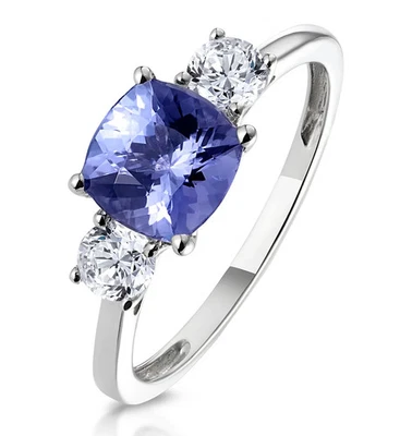 Anel de platina 950 de três pedras com tanzanita simulada e moissanita branca - Imagem 1 de 4