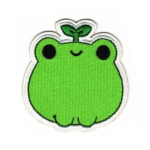 Cute Green Frog Embroidered Iron On Patch – Cute Frog with Leaf - Bild 1 von 2