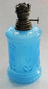 1880's SPAR - BRENNER POWDER BLUE GLASS OIL KEROSENE LAMP MINI SUPERB - Picture 1 of 5