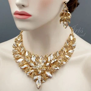 18K Gold Plated Topaz Crystal Wedding Necklace Earrings Jewelry Set 09401 Prom - Picture 1 of 8