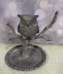 Metal Silver Ton-Owl seating On The Branch-jewelry Ring Holder -Plate Dish Tray - Picture 1 of 11