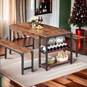 3-Piece 63" Wood Dining Table Set with 2 Benches Kitchen Table Set for 4 People - Picture 1 of 9