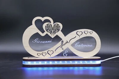 INFINITO CUORI LAMPADA LED  IN LEGNO LOVE IDEA REGALO UNICO AMORE USB DA TAVOLO - Immagine 1 di 4
