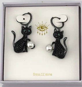 EYE CANDY Los Angeles - Earrings Black Cats w/green Eyes CZ’s, Glass Pearl 1.75” - Picture 1 of 5