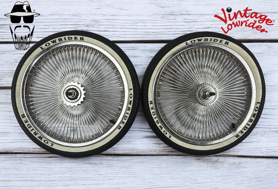 Vtg Lowrider 16" Steel Front Or Coaster Chrome 144 Spoke Rims W/Lowrider Tires. - Image 1 of 1