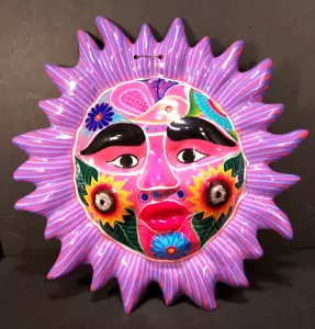 Arte popular mexicano pintado a mano terracota sol floral cara de pájaro colgante de pared 12" - Imagen 1 de 3