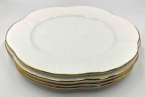 SET OF 4 SHELLEY PURE WHITE GOLD TRIMMED SNACK PLATES, DAINTY, EXCLNT COND