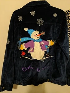Sz M- CUTE WOMEN'S QUACKER FACTORY SNOWMAN JACKET- CAPTURE THE MAGIC BLUE VELVET - Picture 1 of 9