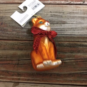 Orange Cat Blue Eyes Glass Blown Ornament With Red Bow M72 - Picture 1 of 4