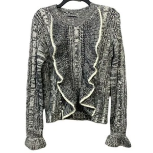 Central Park West Sweater Wool Alpaca Ruffle Front Size Large Black Off White - Picture 1 of 12