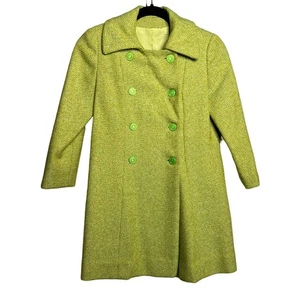 Vintage 60s Childrens Size 7 8 Green Double Breasted Wool Coat Button Front  - Picture 1 of 10