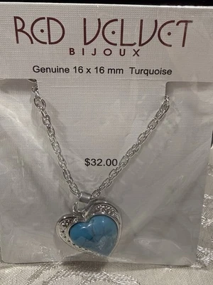 Colgante Corazón Turquesa Genuino Terciopelo Rojo en Cadena Tono Plata Foto 1 de 3