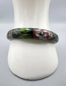 Bracciale Vintage Cinese Cloisonné Smalto Floreale Nero Spessore Cerniera - Foto 1 di 10