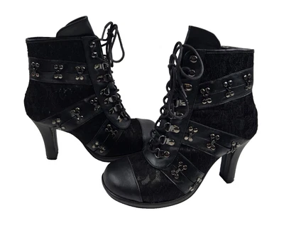 Botines Demonia Góticos - Cuero Negro y Encaje - Tacón 4" - Mujer Talla 10 Foto 1 de 4