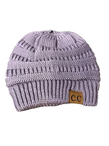 C C Lavender Beanie Soft Stretch Cable Knit Messy Button Ponytail Cap - Picture 1 of 3