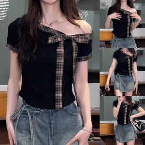 Womens Casual T Shirt with Bow Detail and Patchwork Stripes for Easy Wear - Picture 1 of 12