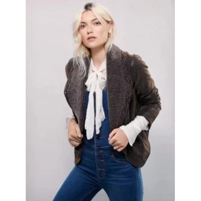 Free People Women's Brown Faux Leather Sherpa Collar Moto Biker Jacket - Image 1 of 4