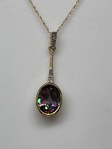 10K Yellow Gold Bezel Set Mystic Topaz and Diamond Pendant with Chain NEW - Picture 1 of 11