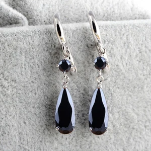 New Mystical Long Waterdrop Black Onyx Gems Silver Dangle Women Charm Earrings - Picture 1 of 6