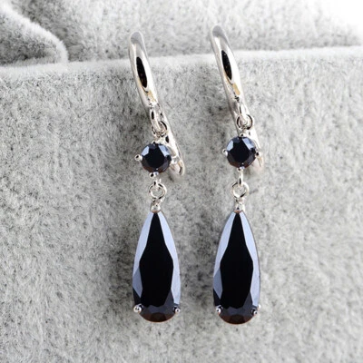 Nuevos Pendientes Místicos Largos Gota de Agua Gemas de Ónix Negro Plata Cuelga Mujeres Dije Foto 1 de 4