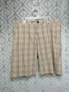 SO Shorts Size 13 Juniors Tan Red Plaid Flat Front Button Zipper Pockets Casual - Picture 1 of 3