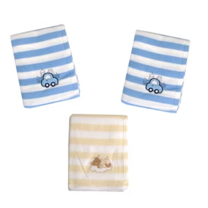 Boys Car and Bear Pack of 3 Embroidered Polar Fleece Stripe Cot Blankets 100 ... - Picture 1 of 5