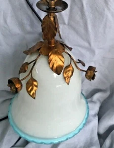 Vintage Ceiling Light Murano Glass White Blue Trim Metal Floral Bell Shape - Picture 1 of 11