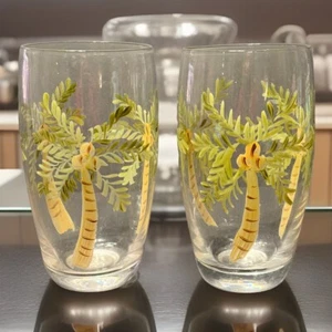 2 Gibson Bahama Handpainted Palm Tree Tall Iced Tea Beer Glasses Tiki Hut Bar - Picture 1 of 4