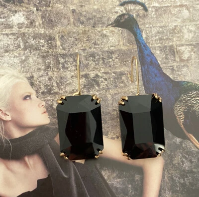 NEW Gorgeous Gold BLACK GLASS Crystal HOOK Dangle Fashion Statement Earrings Au - image 1 of 4