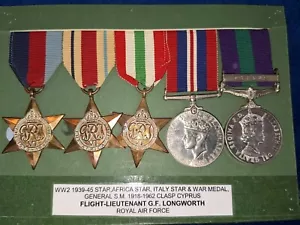 WW2 AND GSM CYPRUS MEDAL GROUP OF 5 FLIGHT LIEUTENANT G F LONGWORTH R.A.F - Imagen 1 de 4