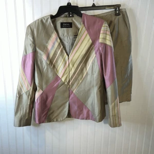 Vintage Dana Buchman Silk Blend Skirt Suit Womens Size 12 Tan Multicolor Office - Picture 1 of 9