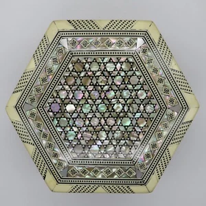 Egyptian Inlaid Mosaic Mother of Pearl Wood 6.5" x 6.5" Hexagon Decorative Box - Picture 1 of 11