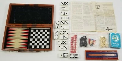 Vintage Game Set Dominos Backgammon Checkers Chess Card Faux Leather Travel Case - Image 1 of 4
