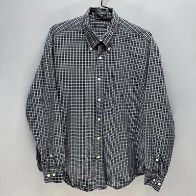 Camisa social masculina Nautica tamanho grande 16 azul xadrez botão para baixo bolso no colarinho - Imagem 1 de 3