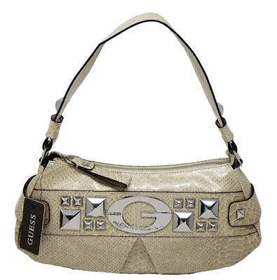 NEW GUESS Women's Ivory Beige Patent Croc-Embossed Stud Hobo Bag Purse Handbag - Image 1 of 4