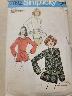 SIMPLICITY SEWING PATTERN 7892 MISSES Raglan Balloon SleeveTops SIZE 14 - Image 1 of 2
