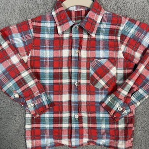 Vintage 1980s Flannel Button Up Blue Red Plaid Shirt Toddler Boys Pics For Size - Picture 1 of 17
