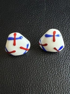 ANTIQUE JAPANESE Ceramic Clip Earrings Set white blue red boho bakelite jewelry - Image 1 of 4