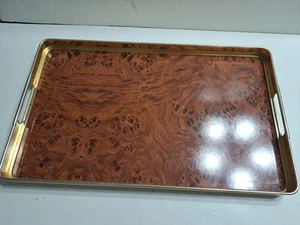 Vintage Italian Serving Tray From Italy Gold tone With Brown Wood Marble Design - Imagen 1 de 12